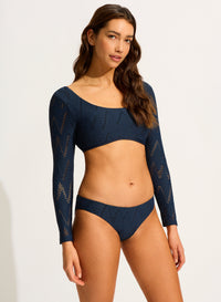 Seafolly Chiara Long Sleeve Crop Rash Vest - True Navy Shop Chiara Cover Up - True Navy by Seafolly | Australian Swimwear Brands | Splash Swimwear Splash Swimwear Bikini Tops