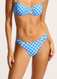 Seafolly Ciao Bella Check High Leg Ruched Side Bikini Bottom - Azure Seafolly Ciao Bella Check High Leg Ruched Side Bikini Bottom - Azure Splash Swimwear Bikini Bottoms