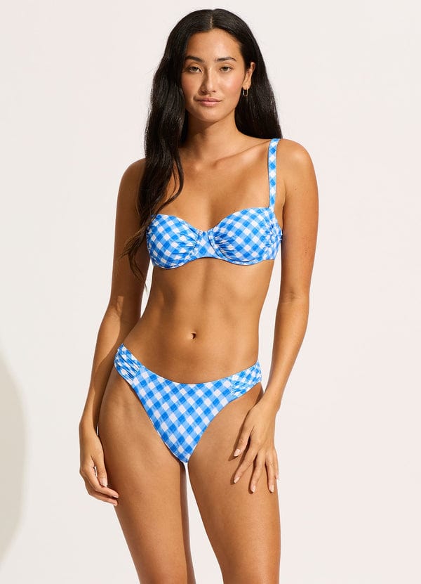 Seafolly Bikini Bottoms Ciao Bella Check High Leg Ruched Side Bikini Bottom - Azure Seafolly Ciao Bella Check High Leg Ruched Side Bikini Bottom - Azure