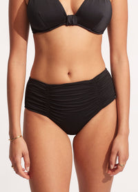 Seafolly Collective Gathered Front Retro Pant 40343-942 Splash Swimwear Bikini Bottoms Black / 8 9349623115069