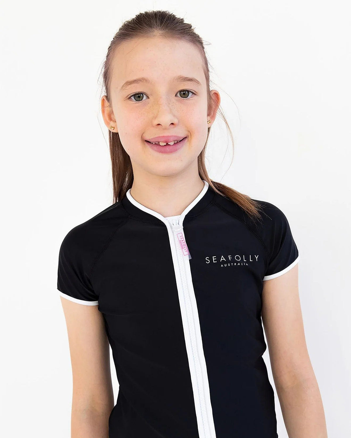 Seafolly Girls Girls Essentials Short Sleeve Zip Front Rashie Girls Essentials Short Sleeve Zip Front Rashie Splash Swimwear Kids Swimwear