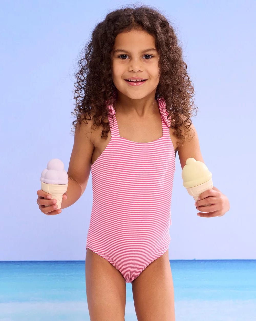 Seafolly Girls Seersucker One Piece - Pink Stripe Seafolly Surrealism Long Sleeve Frill Sunsuit Splash Swimwear Kids Swimwear