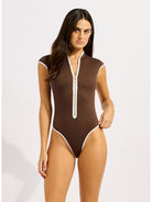 Seafolly Seafolly Beach Bound Cap Sleeve Zip Front One Piece  - Dark Chocolate Seafolly Beach Bound Cap Sleeve Zip Front One Piece  - Dark Chocolate Splash Swimwear