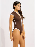 Seafolly Seafolly Beach Bound Cap Sleeve Zip Front One Piece  - Dark Chocolate Seafolly Beach Bound Cap Sleeve Zip Front One Piece  - Dark Chocolate Splash Swimwear