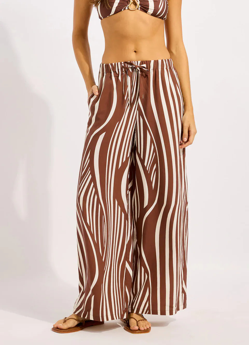 Seafolly Seafolly Coastline Drawcord Wide Leg Pant - Cocoa Seafolly Coastline Drawcord Wide Leg Pant - Cocoa Splash Swimwear Womens Pants