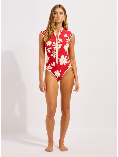 Seafolly Seafolly Mayflower Cap Sleeve Zip Front One Piece - Cosmo Red Seafolly Mayflower Cap Sleeve Zip Front One Piece - Cosmo Red Splash Swimwear One Piece