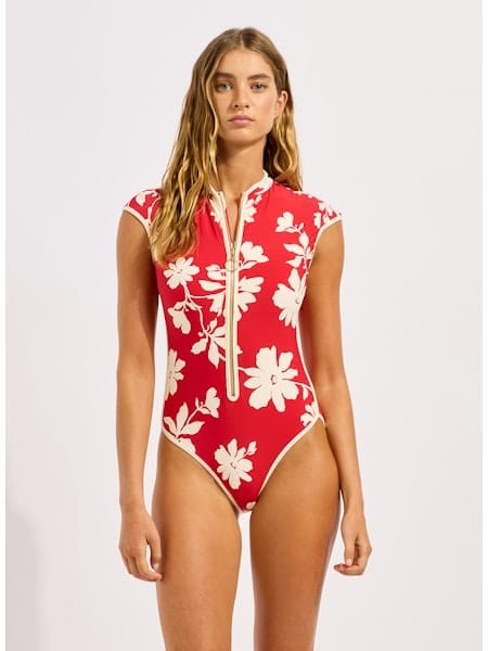 Seafolly Seafolly Mayflower Cap Sleeve Zip Front One Piece - Cosmo Red Seafolly Mayflower Cap Sleeve Zip Front One Piece - Cosmo Red Splash Swimwear One Piece