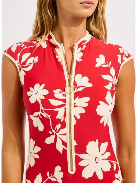 Seafolly Seafolly Mayflower Cap Sleeve Zip Front One Piece - Cosmo Red Seafolly Mayflower Cap Sleeve Zip Front One Piece - Cosmo Red Splash Swimwear One Piece