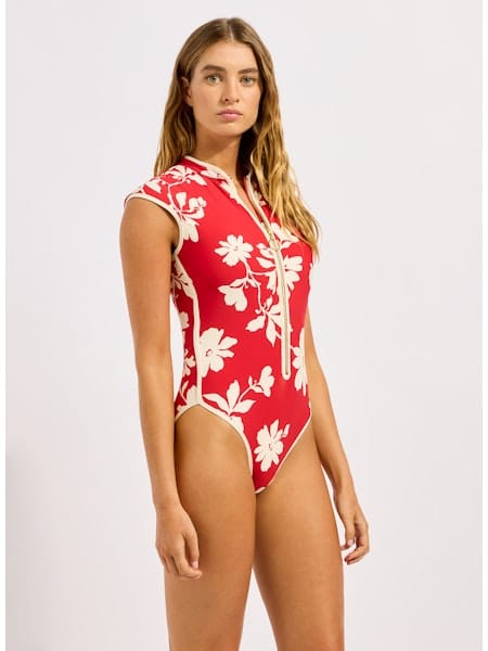 Seafolly Seafolly Mayflower Cap Sleeve Zip Front One Piece - Cosmo Red Seafolly Mayflower Cap Sleeve Zip Front One Piece - Cosmo Red Splash Swimwear One Piece