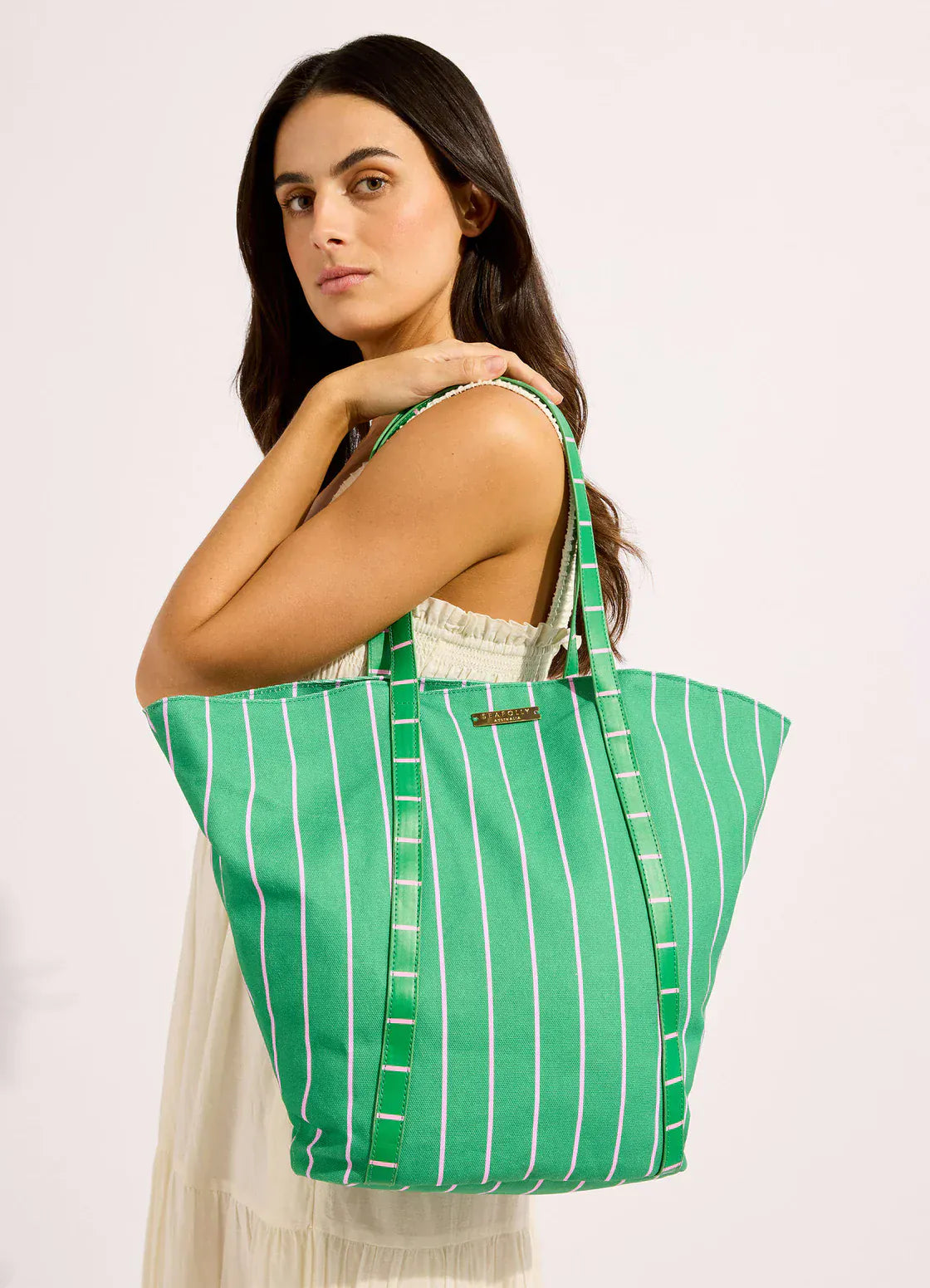 Seafolly Seafolly Mosaic Stripe Tote Bag - Vivid green 72197-BG Seafolly Mosaic Stripe Tote Bag - Vivid green Splash Swimwear OS 9360519203004