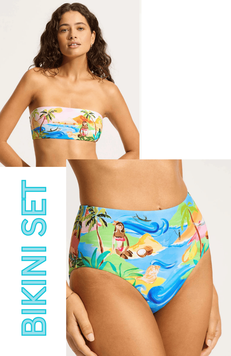 Seafolly Seafolly South Pacific Bandeau Bikini Top & High Waisted Pant Bikini Set - Turquoise Seafolly South Pacific Bandeau Bikini Top & High Waisted Pant Bikini Set - Turquoise Splash Swimwear Bikini Set AU16/US12 1000028922