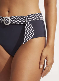 Seafolly Sienna Wide Side Retro - True Navy Splash Swimwear Bikini Bottoms