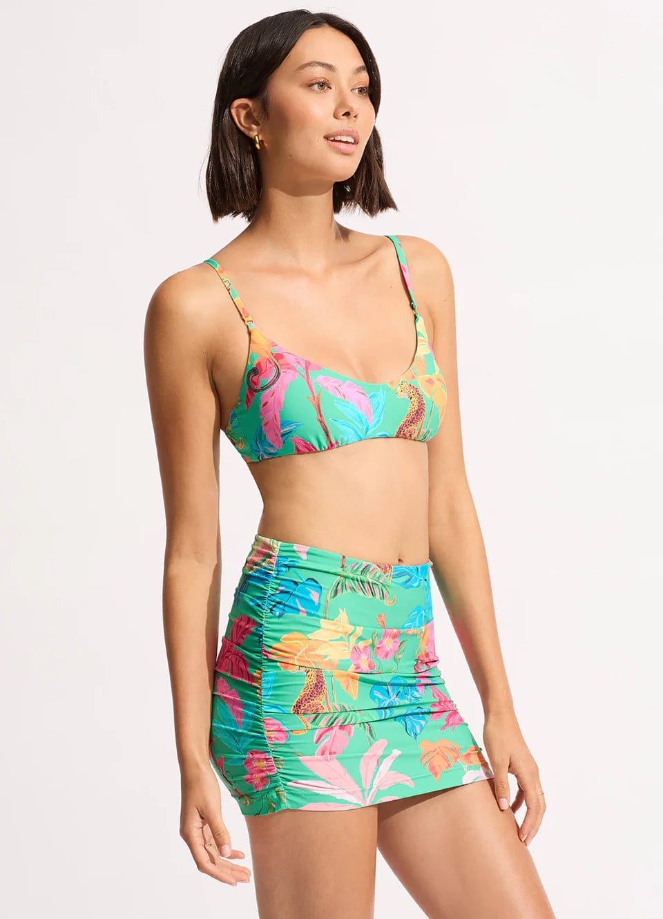 Seafolly Tropica Ruched Side Pull On Skirt - Jade Seafolly Tropica Ruched Side Pull On Skirt - Jade Splash Swimwear Bikini Bottoms