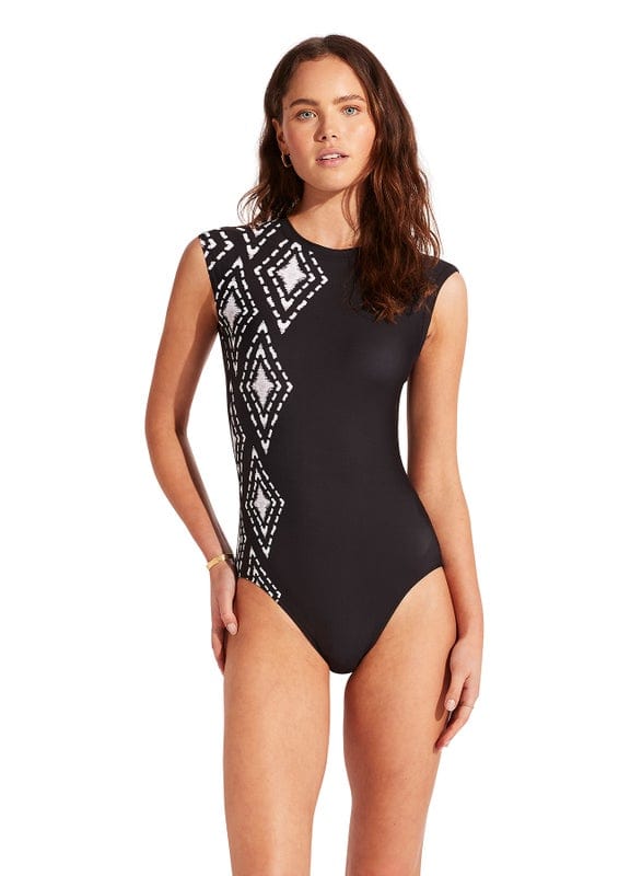 Seafolly Zanzibar Cap Sleeve Maillot - Black Splash Swimwear Swim Dress, Tankini & One Piece