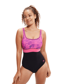 Speedo Womens Shaping Contour Eclipse Printed One Piece - Black/Bloominous Pink/Cupid Coral Speedo Womens Shaping Contour Eclipse Printed One Piece - Black/Bloominous Pink/Cupid Coral Splash Swimwear