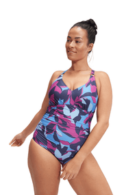 Speedo Womens Shaping Printed V Neck One Piece Speedo Muscleback One Piece - Hyperboom/Navy/Orchid Splash Swimwear