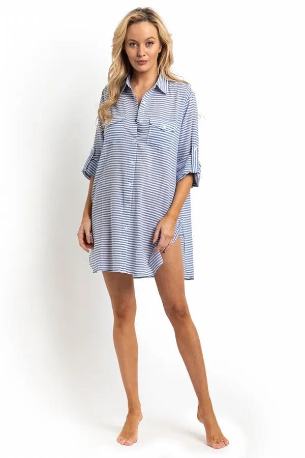 Sunseeker Summer Stripe Button Through Shirt - Blue Splash Swimwear Kaftans & Cover Ups