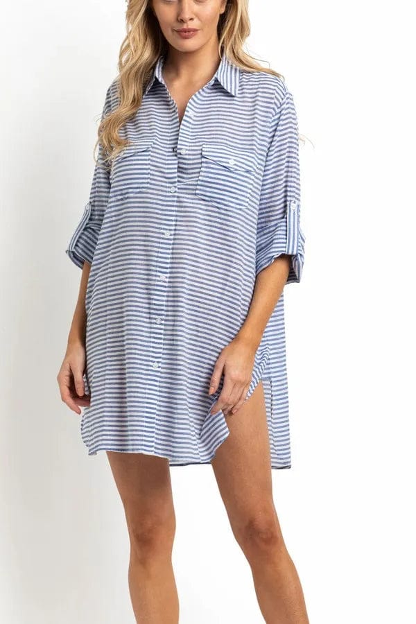 Sunseeker Summer Stripe Button Through Shirt - Blue Splash Swimwear Kaftans & Cover Ups