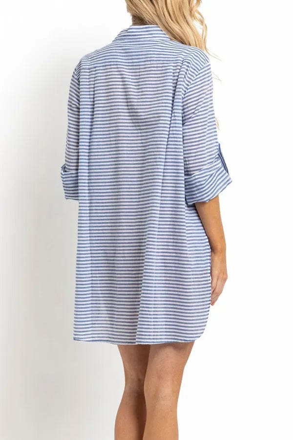 Sunseeker Summer Stripe Button Through Shirt - Blue Splash Swimwear Kaftans & Cover Ups