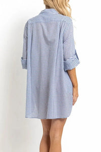 Sunseeker Summer Stripe Button Through Shirt - Blue Splash Swimwear Kaftans & Cover Ups