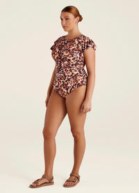 Sunsoaked Leopardo Ruffle Sleeve One Piece Splash Swimwear One Pieces