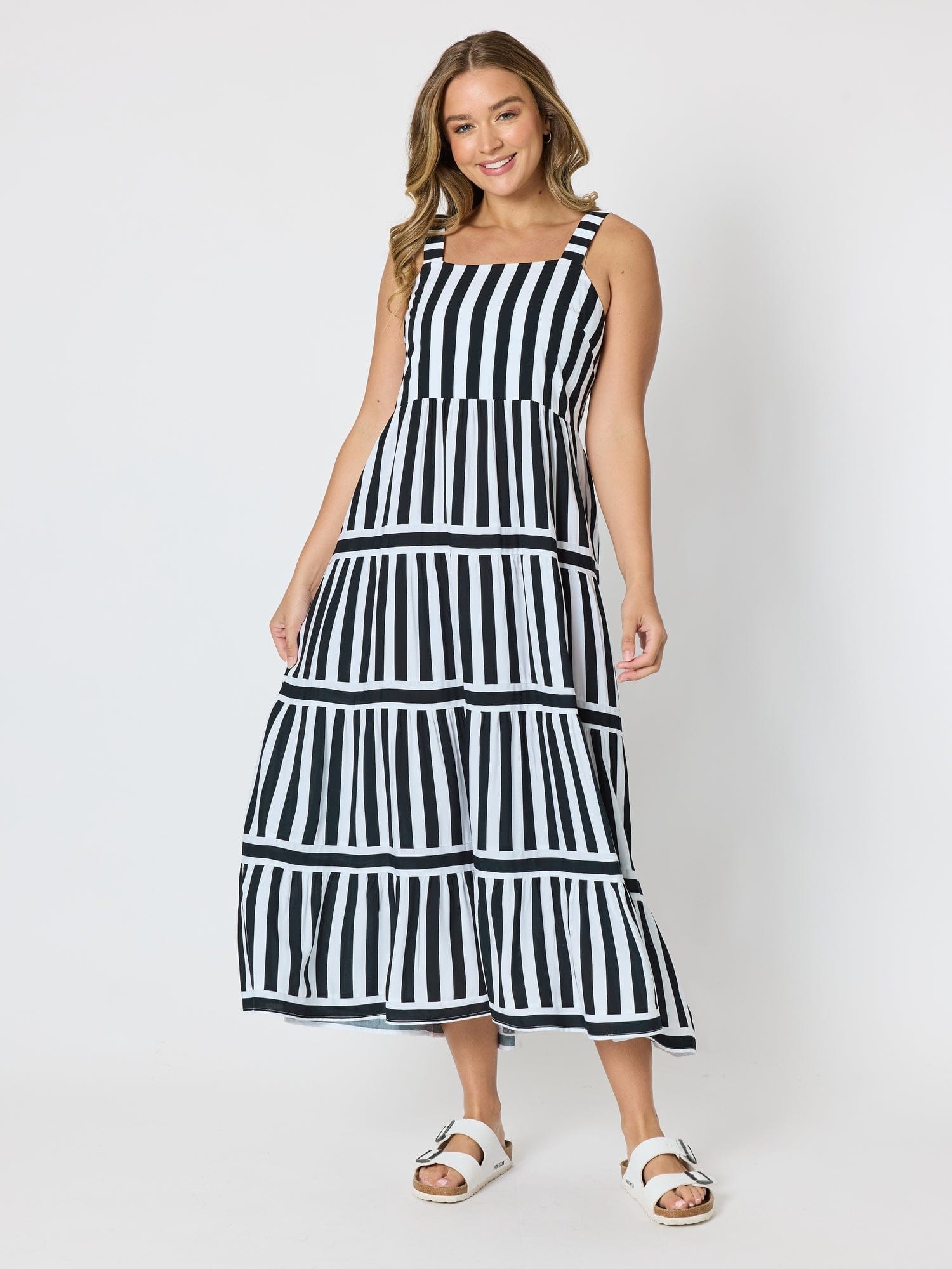 Threadz Threadz Bianca Stripe Print Sundress - Black/White Threadz Bianca Stripe Print Sundress - Black/White Splash Swimwear Womens Clothing