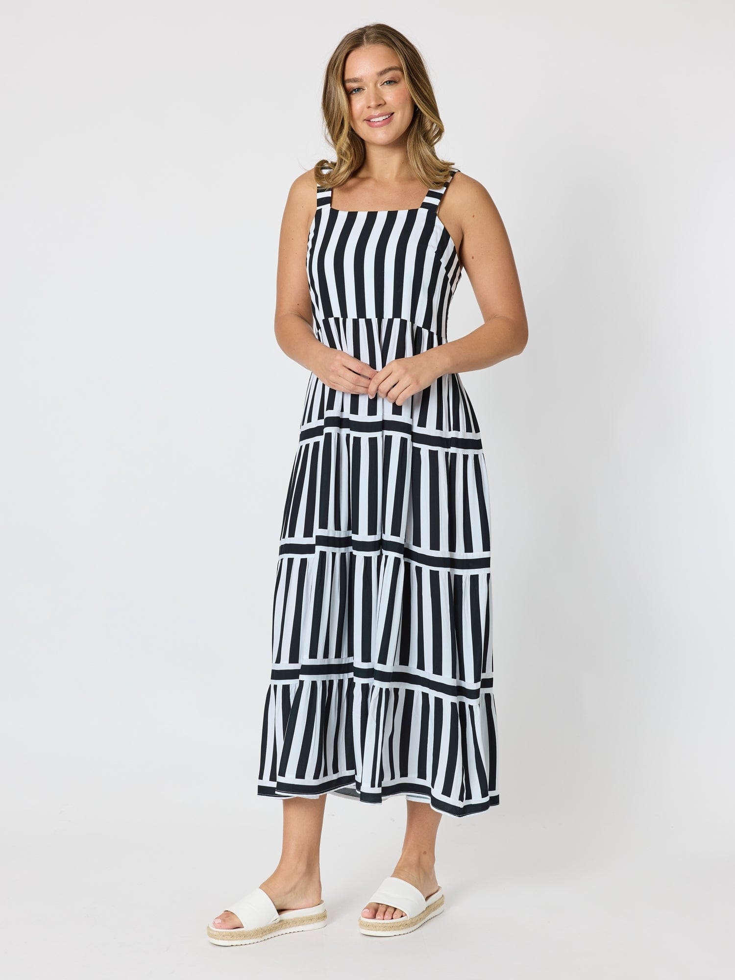 Threadz Threadz Bianca Stripe Print Sundress - Black/White Threadz Bianca Stripe Print Sundress - Black/White Splash Swimwear Womens Clothing