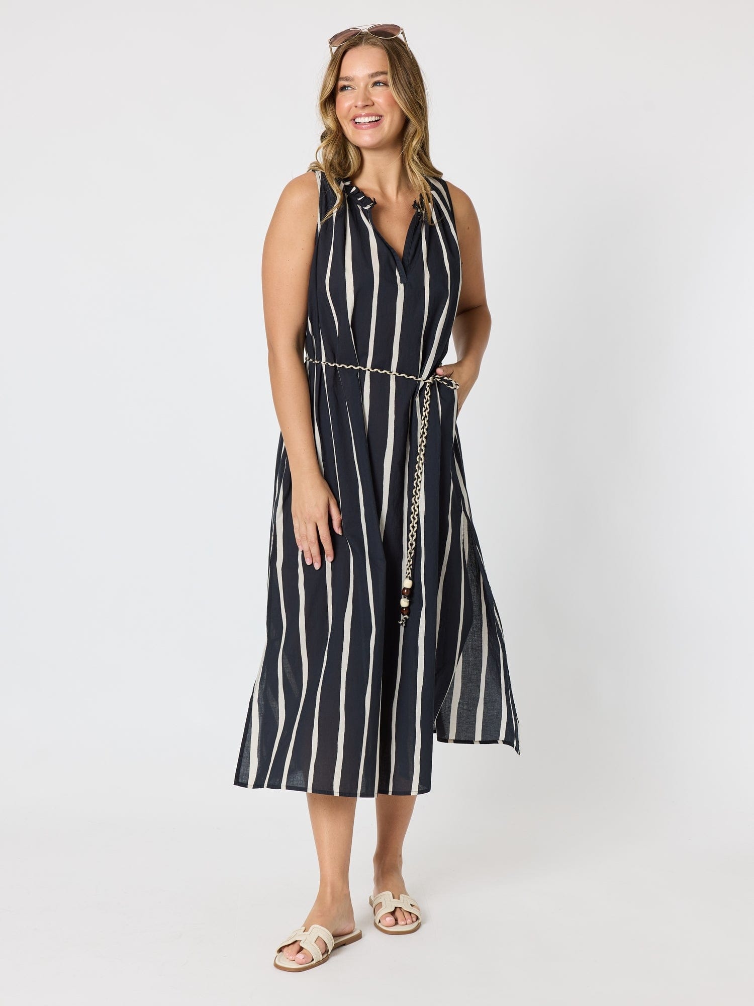 Threadz Threadz Sunset Safari Sleeveless Stripe Print Dress - Black/Ivory Threadz Sunset Safari Sleeveless Stripe Print Dress - Black/Ivory Splash Swimwear Dresses