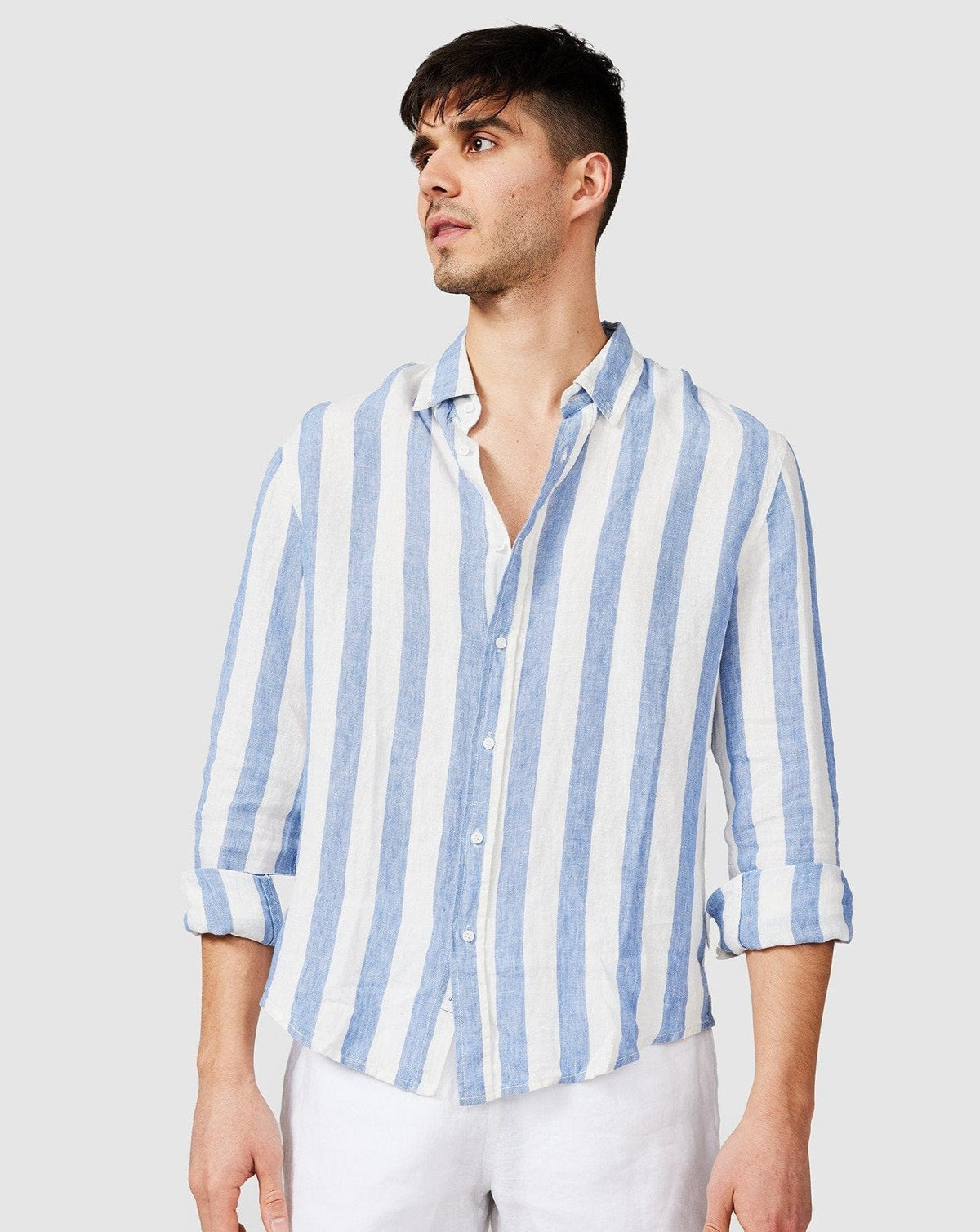 Vacay Swimwear Linen Long Sleeve Shirt - Blue Stripe Vacay Linen Shirt - Brown Stripe Splash Swimwear Mens