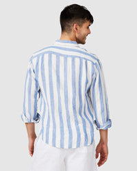 Vacay Swimwear Linen Long Sleeve Shirt - Blue Stripe Vacay Linen Shirt - Brown Stripe Splash Swimwear Mens