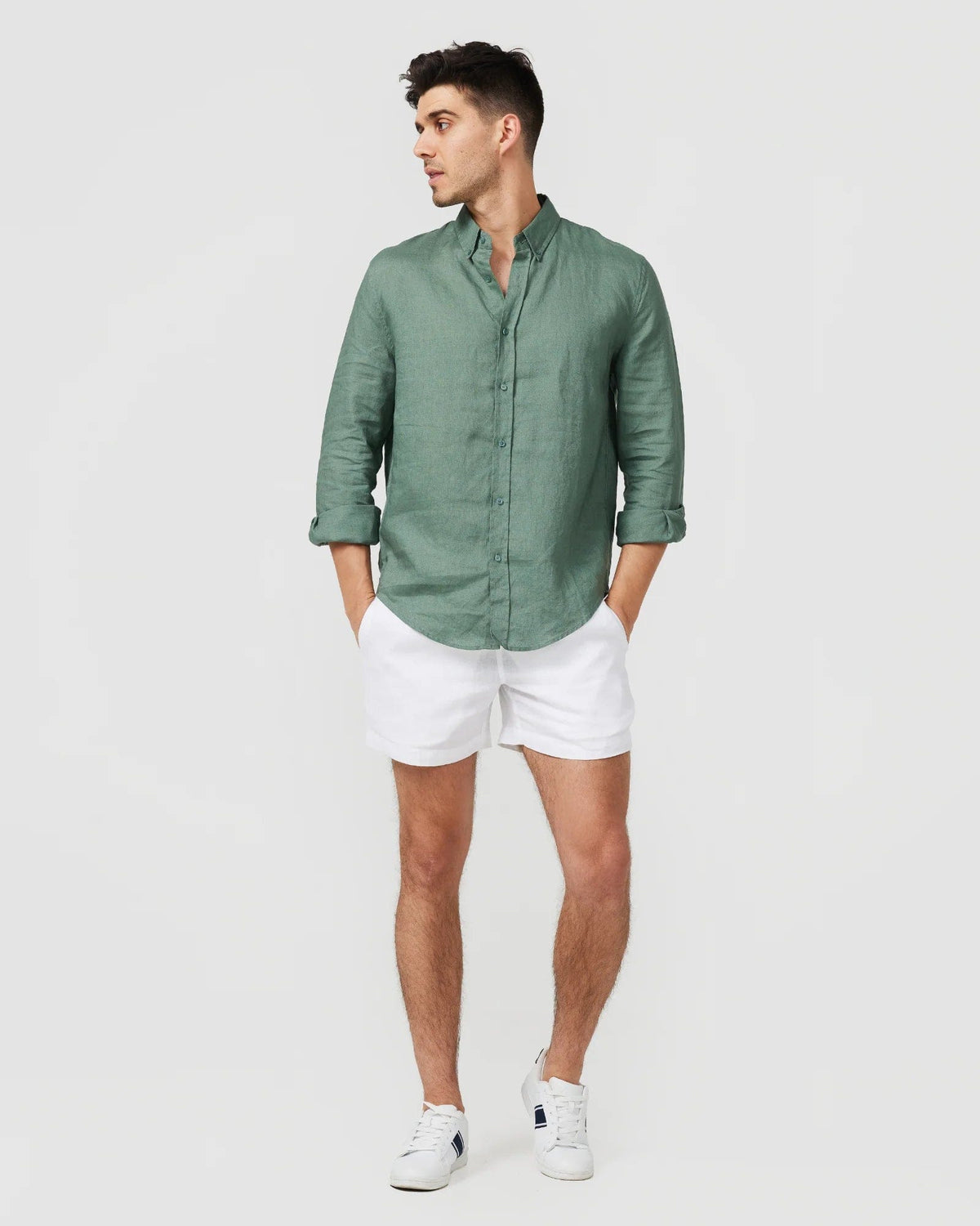 Vacay Swimwear Linen Long Sleeve Shirt - Khaki Vacay Linen Shirt - White Splash Swimwear Mens