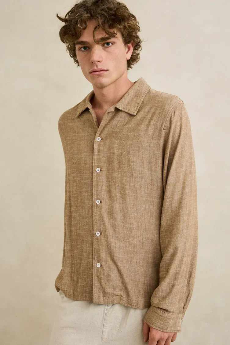 Vacay Swimwear Rhythm Classic Linen Long Sleeved Shirt - Coffee Rhythm Classic Linen Long Sleeved Shirt - Coffee Splash Swimwear Mens Shirt