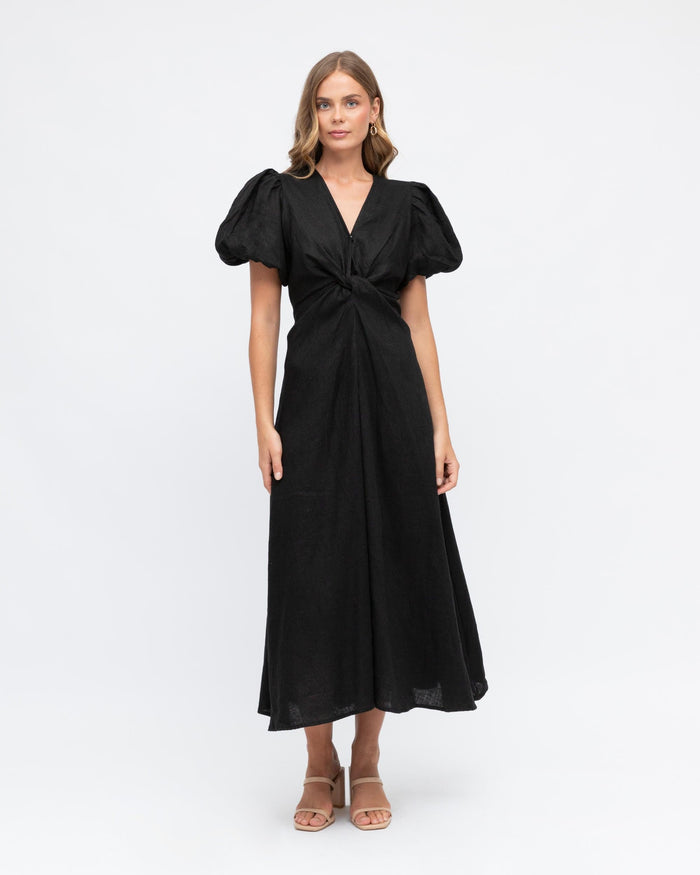 White Closet Puff Sleeve Linen Midi Dress - Black Splash Swimwear