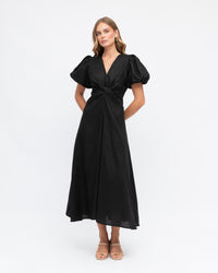 White Closet Puff Sleeve Linen Midi Dress - Black Splash Swimwear