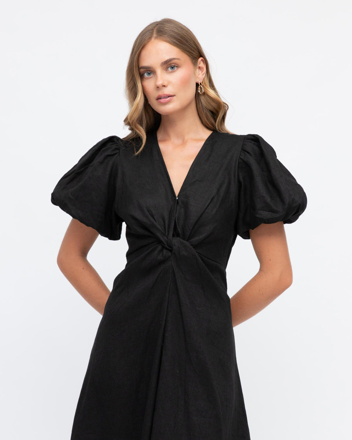 White Closet Puff Sleeve Linen Midi Dress - Black Splash Swimwear