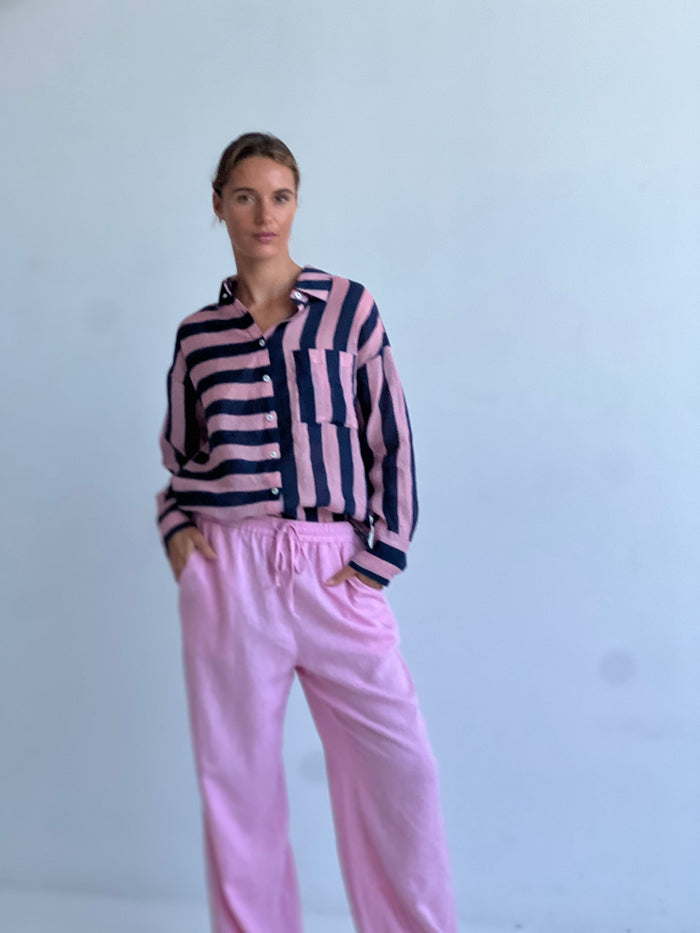 Worthier The Label Faye Linen Stripe Shirt WY-2687 Faye Linen Stripe Shirt Splash Swimwear Navy/Pink / S/M 1000022895