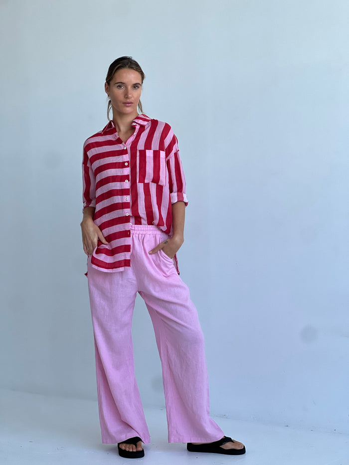 Worthier The Label Faye Linen Stripe Shirt WY-2687 Faye Linen Stripe Shirt Splash Swimwear Red/Pink / S/M 1000022896