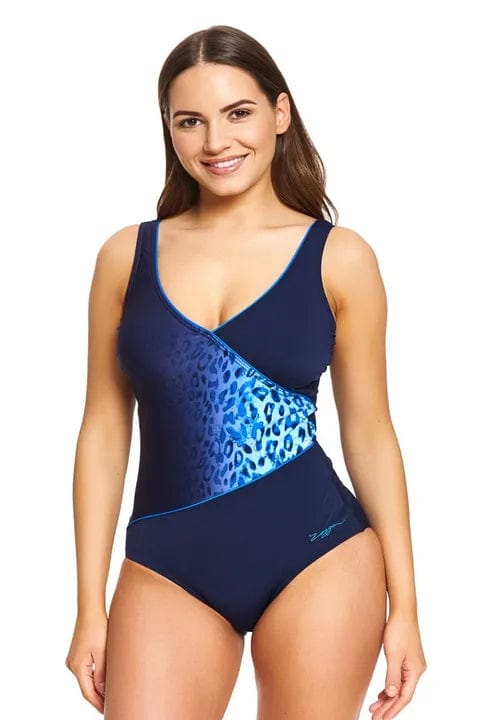 Sea Escape Wrap Front One Piece - Multi/Navy - Zoggs - Splash Swimwear  - chlorine resist, Jan22, One Pieces, Womens, zoggs - Splash Swimwear 