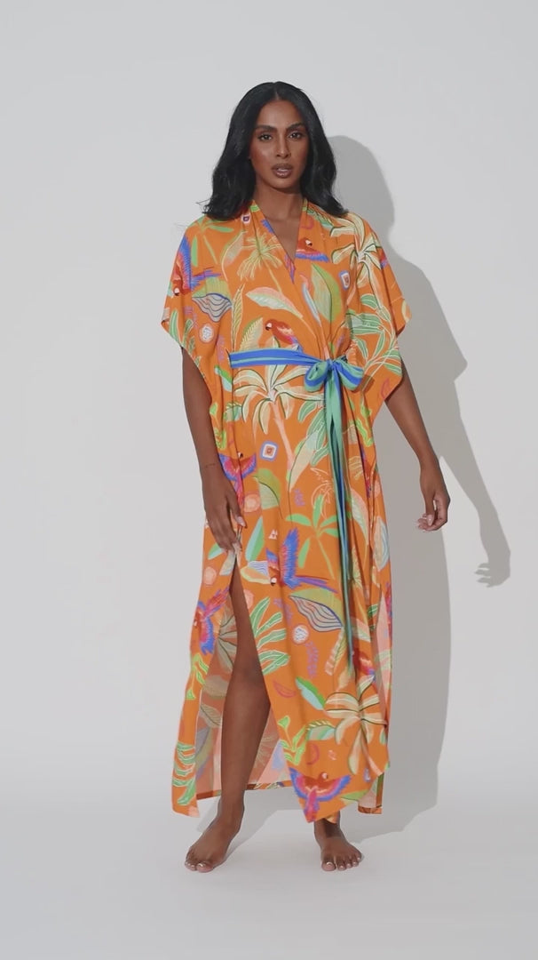 Zahlia Long Kimono in Tropical Print - Orange