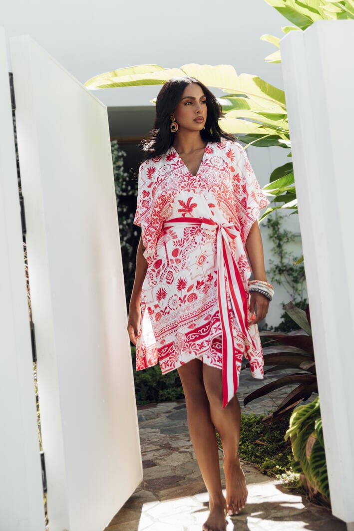 Zahlia Short Kimono Mediterranean - Red & White - Possi the Label - Splash Swimwear  - Dec22, Kimono, new arrivals, new clothing, possi the label - Splash Swimwear 
