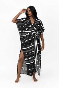 Zahlia Long Kimono Tribal - Black & Silver - Possi the Label - Splash Swimwear  - Dec22, Kaftans and Cover-Ups, Kimono, possi the label - Splash Swimwear 