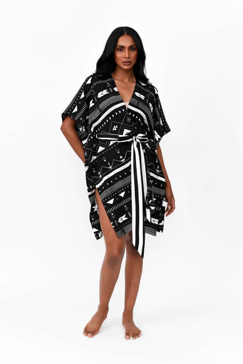 Zahlia Short Kimono Tribal - Black & Silver - Possi the Label - Splash Swimwear  - Dec22, Kaftans and Cover-Ups, Kimono, new arrivals, new clothing, possi the label - Splash Swimwear 
