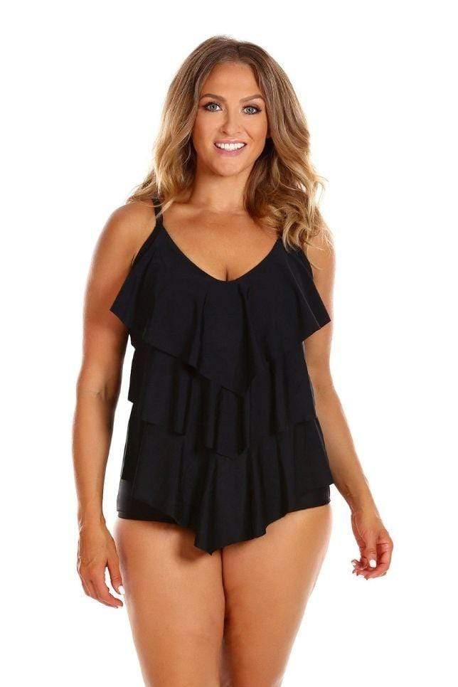 Capriosca 3 Tier Chlorine Resist Tankini Top - Black Splash Swimwear Womens Swimwear