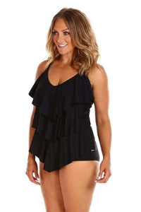 Capriosca 3 Tier Chlorine Resist Tankini Top - Black Splash Swimwear Womens Swimwear