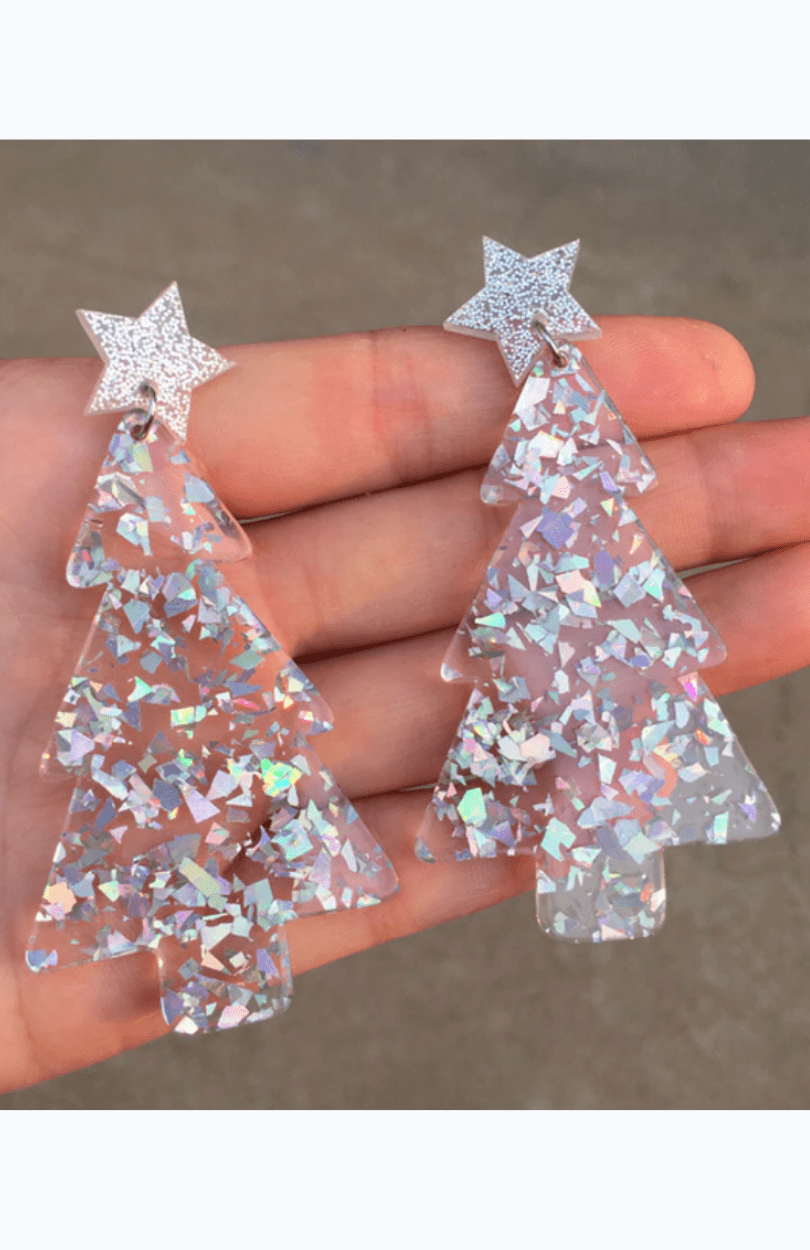 Glitterbugs Acrylic Glitter Christmas Tree Earrings Splash Swimwear Womens Accessories Silver2 1000014408