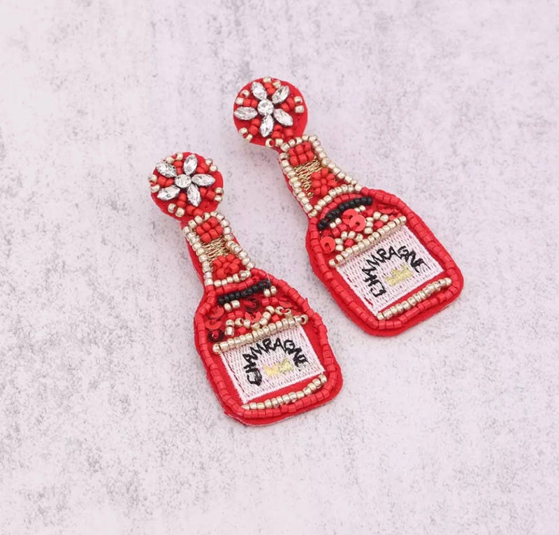 Glitterbugs Beaded Champagne Bottle Earrings Splash Swimwear Earrings Red 1000011674