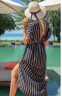 Lulu & Bird Bahama Beach Dress - Black/Cream Stripe vee1 Splash Swimwear Dresses O/S 192759