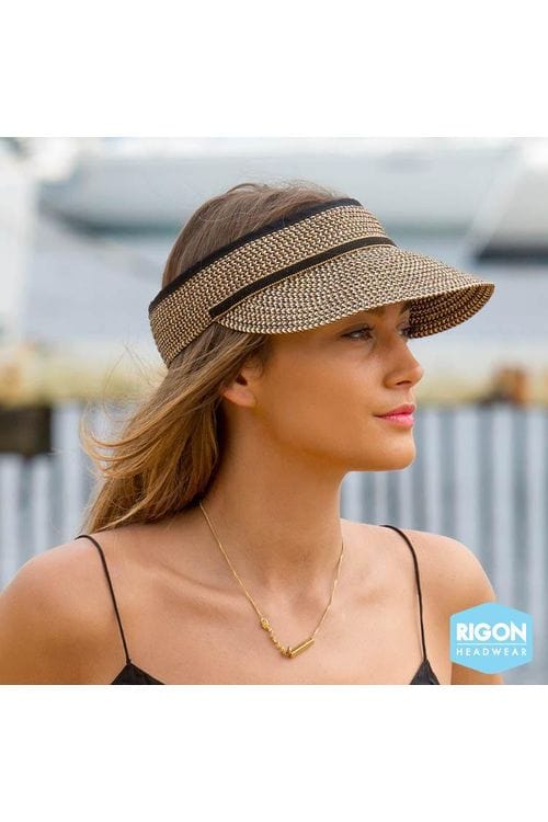 Rigon Headwear Before Dark Cosmopolitan Visor Hat BD156 Splash Swimwear Hats Black/Tan / M/L 9328897088750