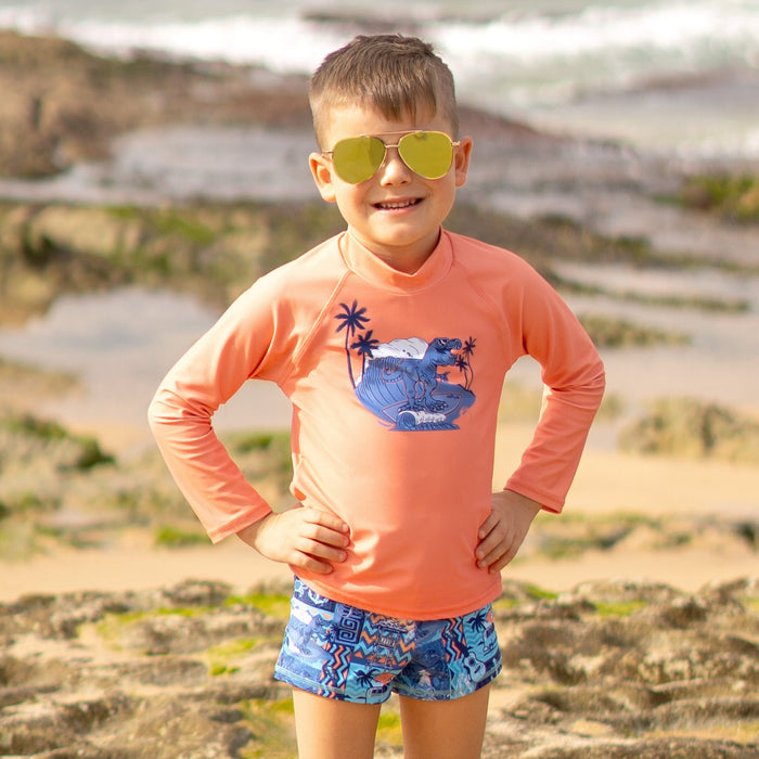 Salty Ink Kids Boys Tiki Long Sleeve Rashvest Set - Orange Dino Splash Swimwear kids