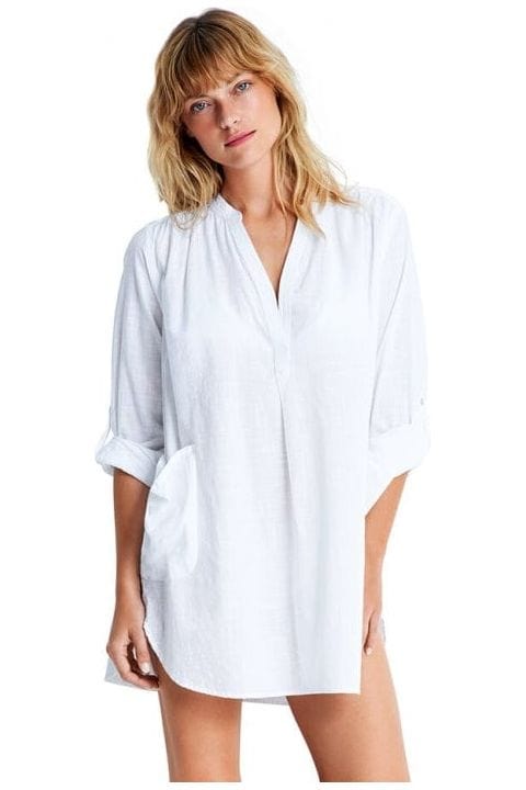 Seafolly Boyfriend Beach Shirt 52815-TO Splash Swimwear Kaftans & Cover Ups White / XS 9349623386643